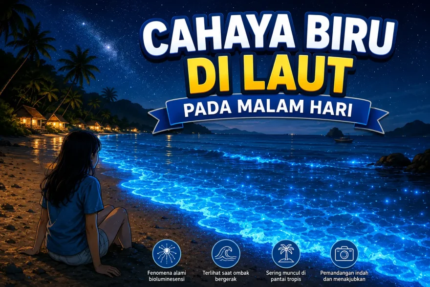 cahaya biru di laut pada malam hari akibat fenomena bioluminesensi di pantai tropis