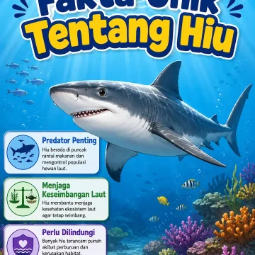 “fakta unik tentang hiu dengan ilustrasi hiu berenang di laut biru”