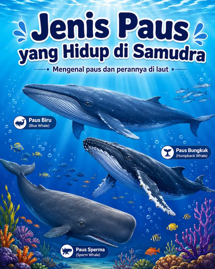 “jenis paus yang hidup di samudra dengan latar ekosistem laut biru”